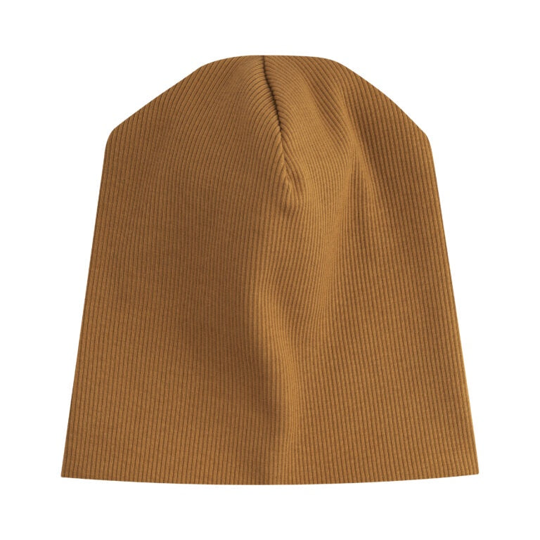 Toffee brown ribbed knit beanie hat, soft texture, minimalist winter accessory