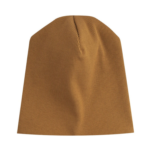 Toffee brown ribbed knit beanie hat, soft texture, minimalist winter accessory