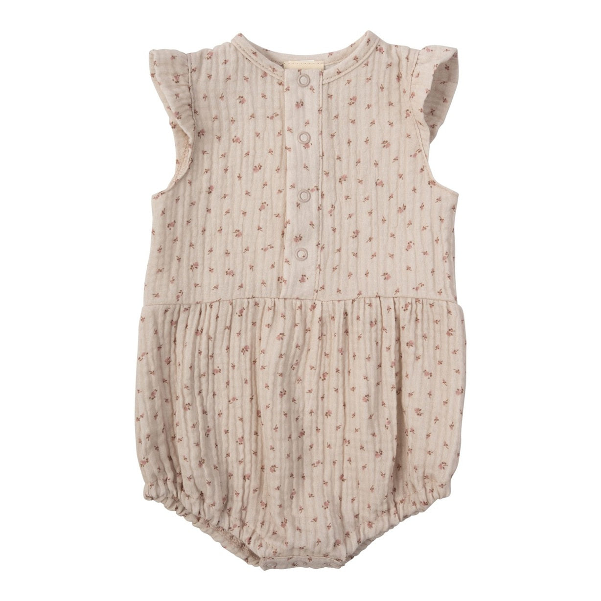 Muslin romper with wings and pink flowers.