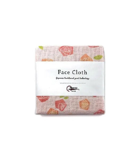 Linen face cloth with pink and orange rose pattern, labeled Japanese traditional textile.