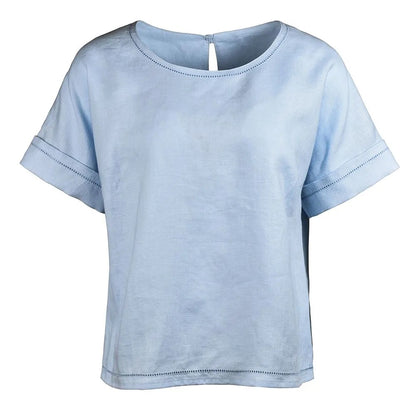 Pale blue linen top with short sleeve front view