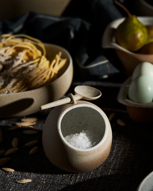 Speckled ceramic salt pig.