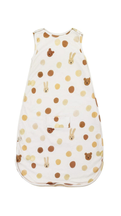 Merino wool baby sleeping bag with spots and bunnies.
