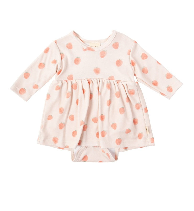 Long sleeve baby dress with pink strawberry print, soft cotton, gathered skirt
