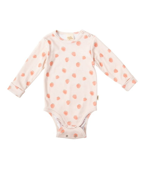 Long sleeve baby bodysuit with pink strawberry print on white fabric, snap closure