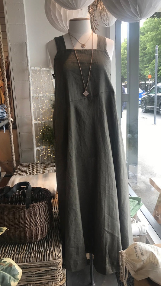 Khaki linen maxi dress on mannequin