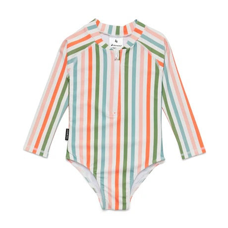 Child's stripe long sleeve swimsuit in candy stripes.