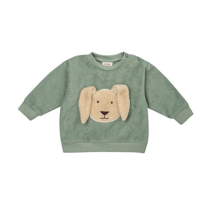 Green cotton terry seater with  bunny on the front.