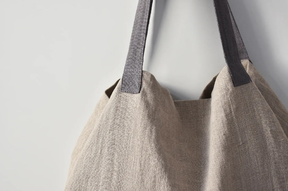 linen tote bag with grey handles close up