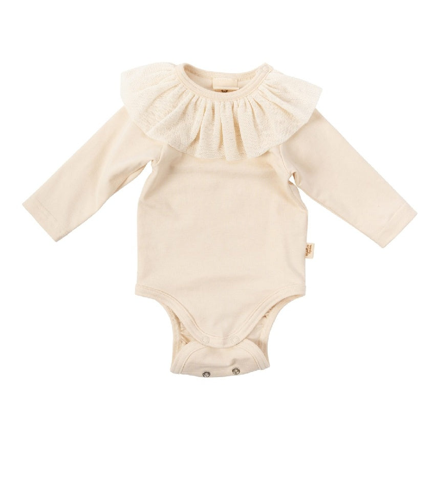 Cream long sleeve baby onesie with tulle ruffle collar and snap buttons, neutral babywear