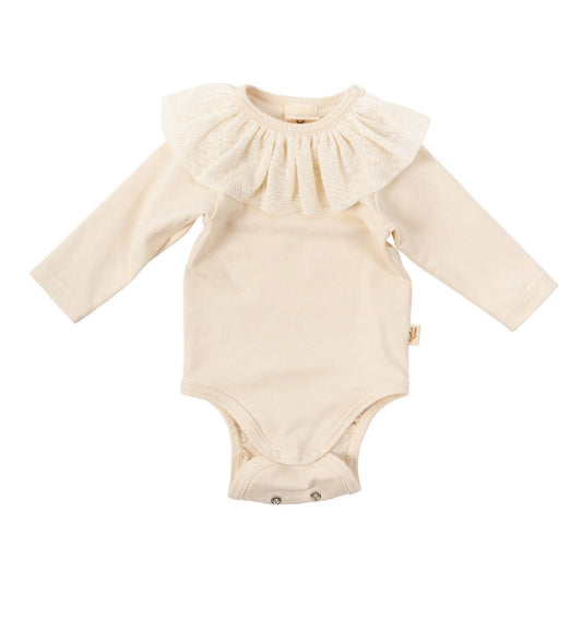 Cream long sleeve baby onesie with tulle ruffle collar and snap buttons, neutral babywear