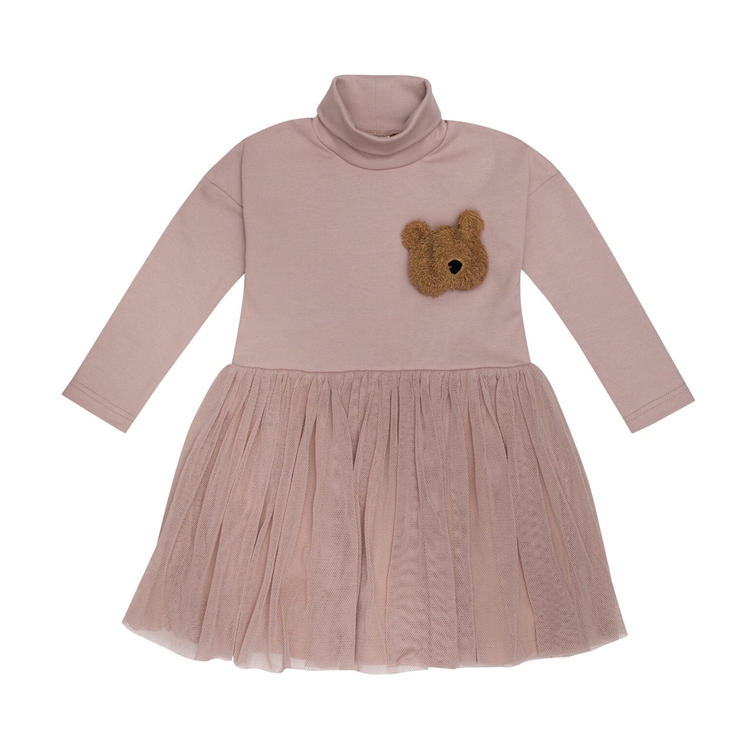 Pink turtleneck dress with teddy bear on chest.