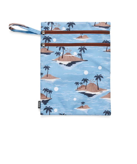 Blue wet bag with island and palm tree print, two zippered pockets, hanging strap