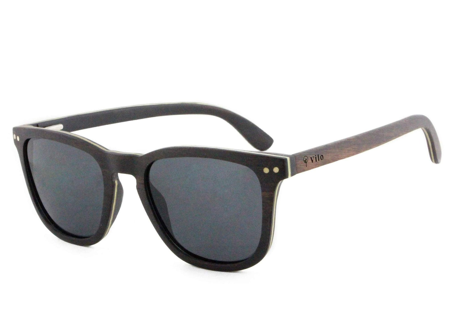Black wood frame sunglasses with dark lenses on white background