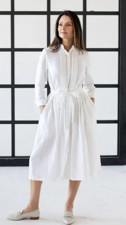 white linen long sleeve dress