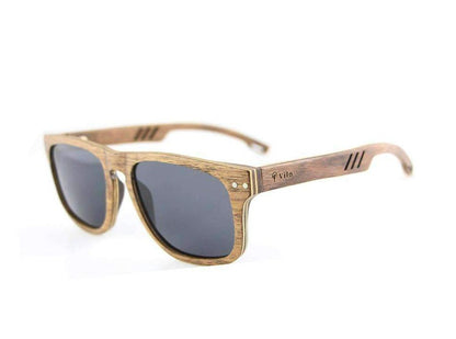Wooden frame sunglasses with black lenses on white background, stylish eco-friendly eyewear