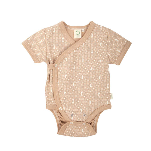 Beige organic cotton baby bodysuit with short sleeves and geometric pattern