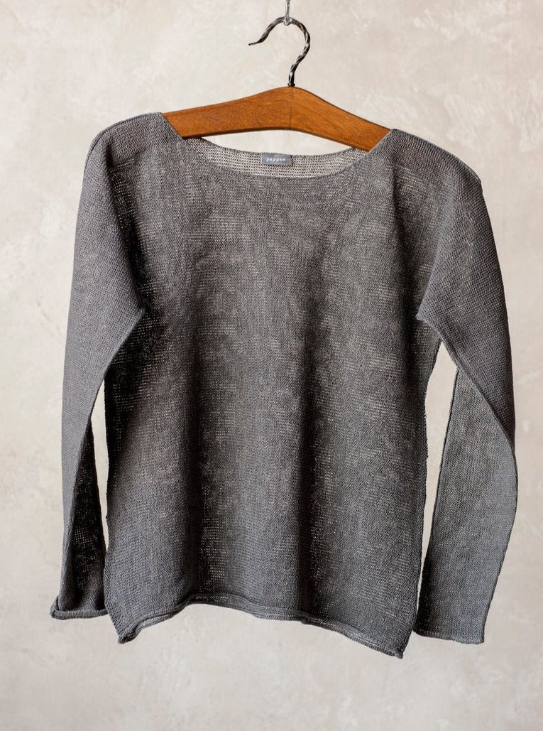 grey knitted linen sweater on hanger