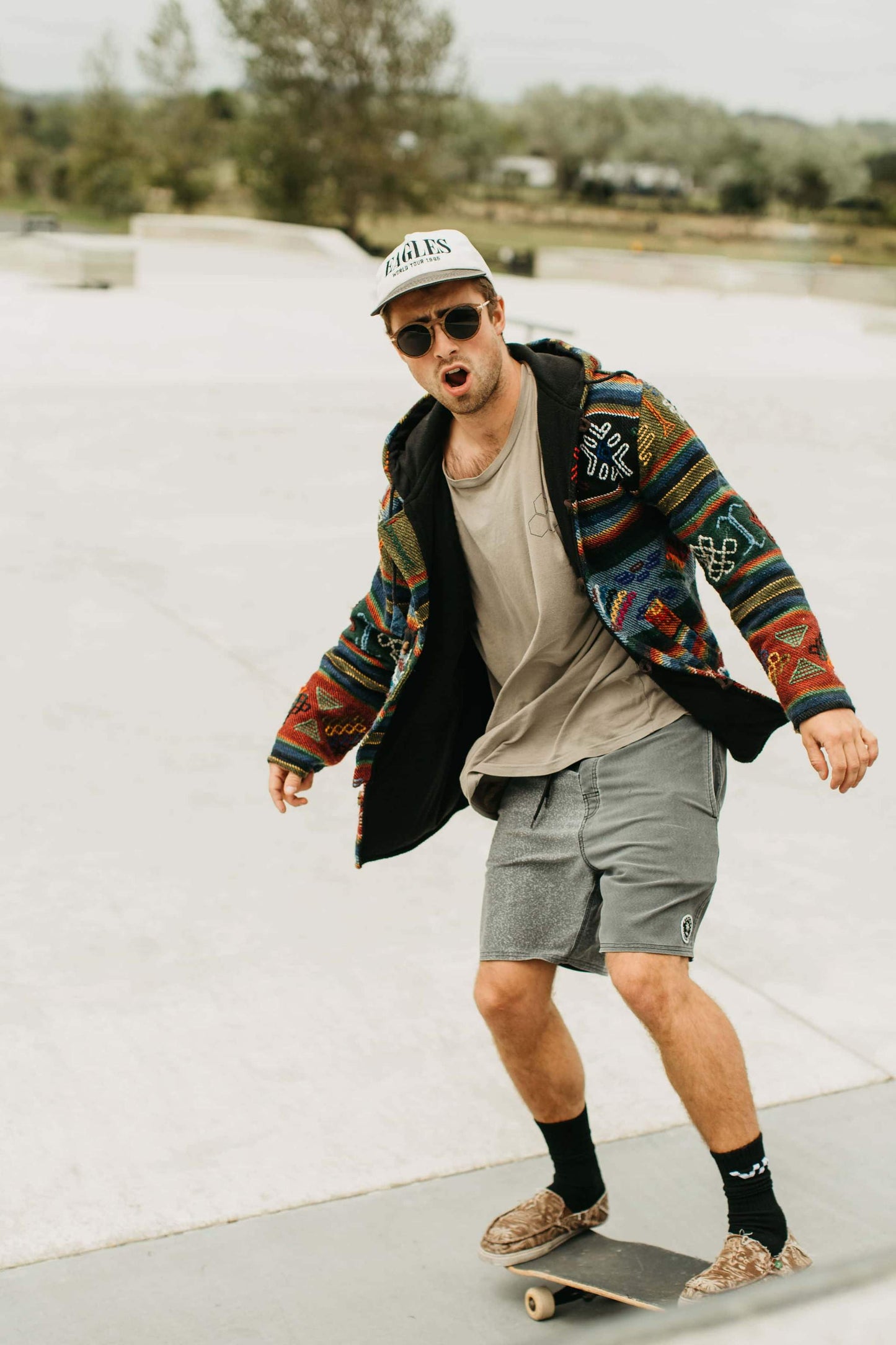 Man on skateboard wearing Front of Vilo Wooden Sunglass Prestige