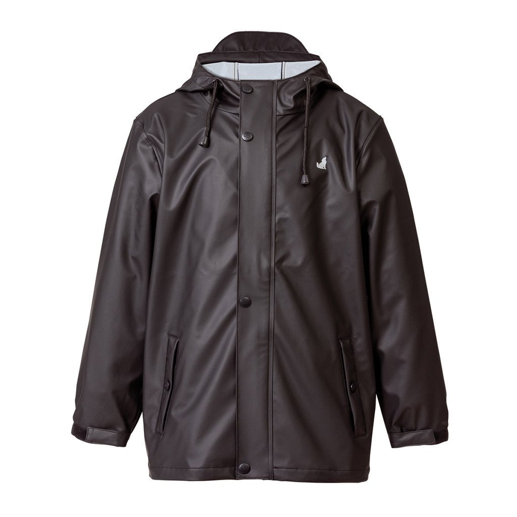 Black waterproof hooded rain jacket with front buttons and side pockets