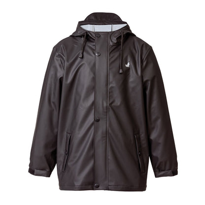 Black waterproof hooded rain jacket with front buttons and side pockets