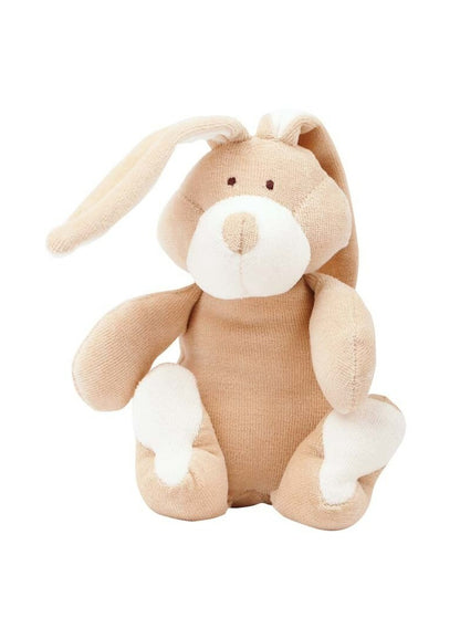 Soft beige and white bunny plush toy with floppy ears on a white background