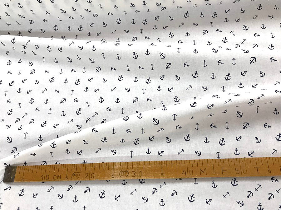 100% Linen Fabric Anchors White/Navy