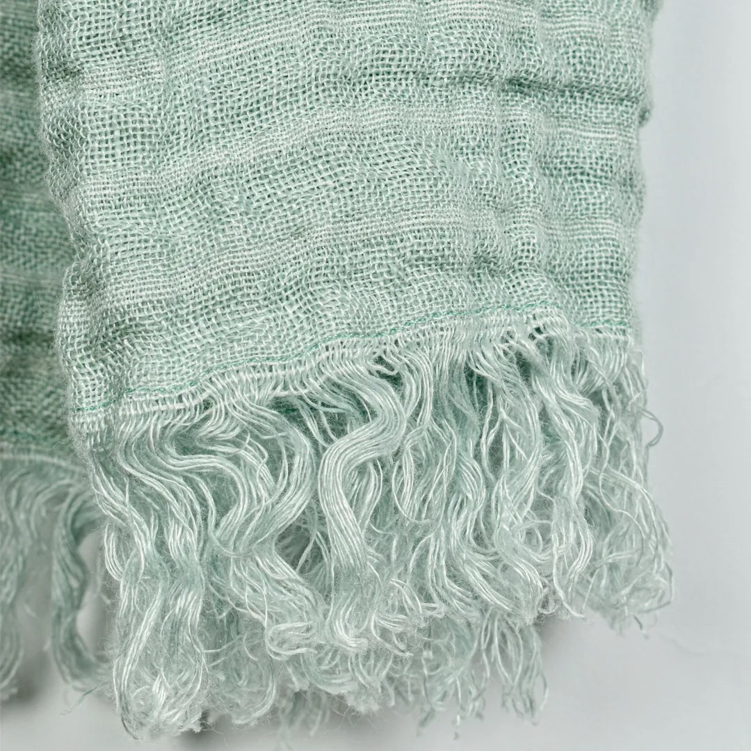 linen scarf mint and grey stripes close up