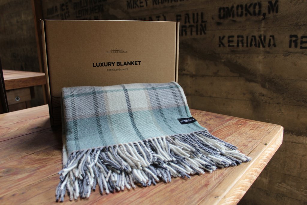 Palliser lambswool blanket aqua check