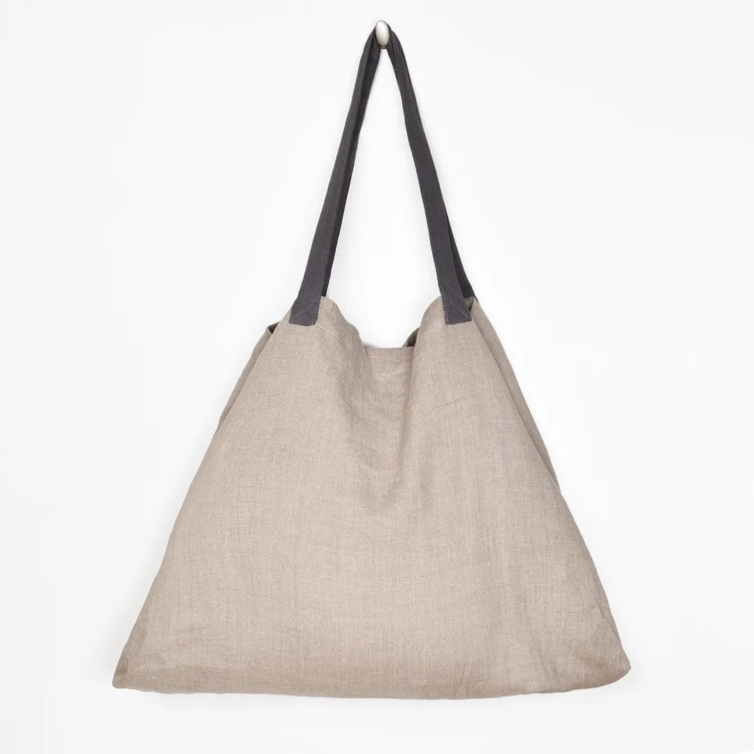 linen tote bag with grey handles