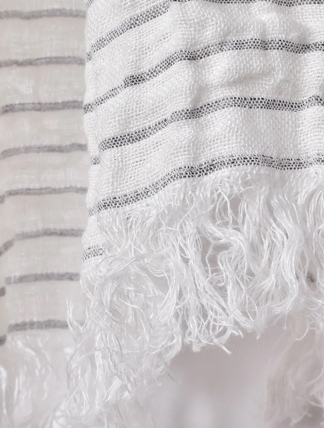 linen scarf white and grey stripes close up